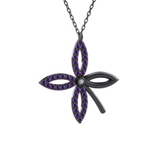 Taşlı Yonca Kolye - Swarovski ve ametist 925 ayar siyah rodyum kaplama gümüş kolye (40 cm gümüş rolo zincir) #fdn11e