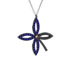 Taşlı Yonca Kolye - Pembe kuvars ve lab safir 925 ayar siyah rodyum kaplama gümüş kolye (40 cm beyaz altın rolo zincir) #g22ran