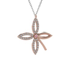 Taşlı Yonca Kolye - Pembe kuvars ve swarovski 18 ayar rose altın kolye (40 cm beyaz altın rolo zincir) #g6m5qz