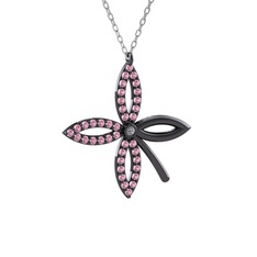 Taşlı Yonca Kolye - Pırlanta ve pembe kuvars 925 ayar siyah rodyum kaplama gümüş kolye (0.015 karat, 40 cm beyaz altın rolo zincir) #gb9b0j