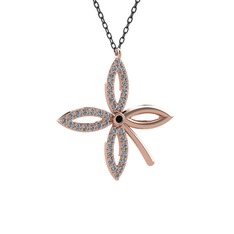 Taşlı Yonca Kolye - Siyah zirkon ve pırlanta 8 ayar rose altın kolye (0.429 karat, 40 cm gümüş rolo zincir) #gt0n2u