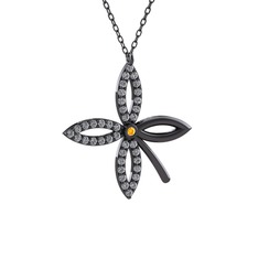 Taşlı Yonca Kolye - Sitrin ve pırlanta 925 ayar siyah rodyum kaplama gümüş kolye (0.429 karat, 40 cm gümüş rolo zincir) #guazwp