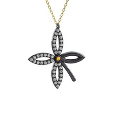 Taşlı Yonca Kolye - Sitrin ve beyaz zirkon 925 ayar siyah rodyum kaplama gümüş kolye (40 cm altın rolo zincir) #hx0mzr