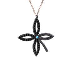 Taşlı Yonca Kolye - Akuamarin ve siyah zirkon 925 ayar siyah rodyum kaplama gümüş kolye (40 cm rose altın rolo zincir) #ikwrj3