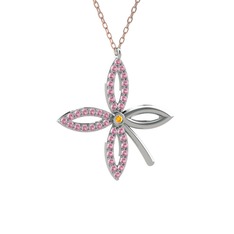 Sitrin ve pembe kuvars 14 ayar beyaz altın kolye (40 cm rose altın rolo zincir)