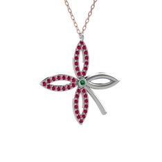 Yeşil kuvars ve rodolit garnet 18 ayar beyaz altın kolye (40 cm rose altın rolo zincir)