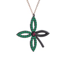 Taşlı Yonca Kolye - Rodolit garnet ve kök zümrüt 925 ayar siyah rodyum kaplama gümüş kolye (40 cm gümüş rolo zincir) #j8uxvp
