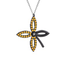 Taşlı Yonca Kolye - Swarovski ve sitrin 925 ayar siyah rodyum kaplama gümüş kolye (40 cm beyaz altın rolo zincir) #jxmtmj