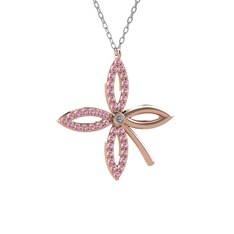 Taşlı Yonca Kolye - Pırlanta ve pembe kuvars 14 ayar rose altın kolye (0.015 karat, 40 cm beyaz altın rolo zincir) #k7l3m5