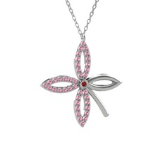 Garnet ve pembe kuvars 8 ayar beyaz altın kolye (40 cm gümüş rolo zincir)