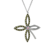Taşlı Yonca Kolye - Pembe kuvars ve peridot 8 ayar beyaz altın kolye (40 cm beyaz altın rolo zincir) #ldhgxy
