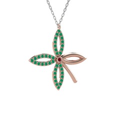 Taşlı Yonca Kolye - Kök yakut ve kök zümrüt 14 ayar rose altın kolye (40 cm gümüş rolo zincir) #ldn74t