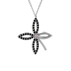 Taşlı Yonca Kolye - Pembe kuvars ve siyah zirkon 18 ayar beyaz altın kolye (40 cm beyaz altın rolo zincir) #lwmmng
