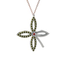Taşlı Yonca Kolye - Garnet ve peridot 8 ayar beyaz altın kolye (40 cm rose altın rolo zincir) #m5x0ah