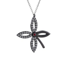 Taşlı Yonca Kolye - Kök yakut ve pırlanta 925 ayar siyah rodyum kaplama gümüş kolye (0.429 karat, 40 cm beyaz altın rolo zincir) #m6f9ef