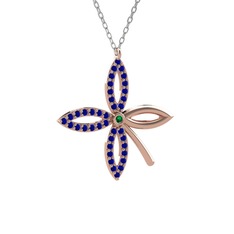 Taşlı Yonca Kolye - Yeşil kuvars ve lab safir 8 ayar rose altın kolye (40 cm beyaz altın rolo zincir) #n3lm88