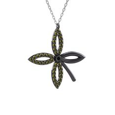 Taşlı Yonca Kolye - Siyah zirkon ve peridot 925 ayar siyah rodyum kaplama gümüş kolye (40 cm gümüş rolo zincir) #obkny0