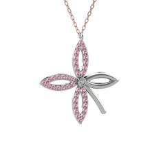 Beyaz zirkon ve pembe kuvars 14 ayar beyaz altın kolye (40 cm rose altın rolo zincir)