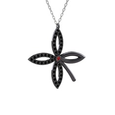 Taşlı Yonca Kolye - Garnet ve siyah zirkon 925 ayar siyah rodyum kaplama gümüş kolye (40 cm gümüş rolo zincir) #riwrkb