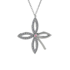 Taşlı Yonca Kolye - Pembe kuvars ve pırlanta 8 ayar beyaz altın kolye (0.429 karat, 40 cm beyaz altın rolo zincir) #sn6y5x