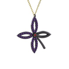 Taşlı Yonca Kolye - Garnet ve ametist 925 ayar siyah rodyum kaplama gümüş kolye (40 cm altın rolo zincir) #st4x3h