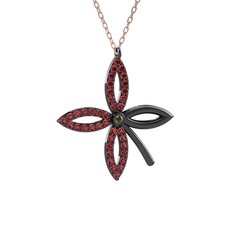 Taşlı Yonca Kolye - Peridot ve garnet 925 ayar siyah rodyum kaplama gümüş kolye (40 cm rose altın rolo zincir) #usauz0