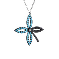 Taşlı Yonca Kolye - Swarovski ve akuamarin 925 ayar siyah rodyum kaplama gümüş kolye (40 cm beyaz altın rolo zincir) #wx6owu
