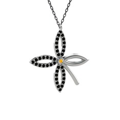 Taşlı Yonca Kolye - Sitrin ve siyah zirkon 18 ayar beyaz altın kolye (40 cm gümüş rolo zincir) #xcfbuu