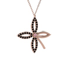 Taşlı Yonca Kolye - Pembe kuvars ve siyah zirkon 18 ayar rose altın kolye (40 cm gümüş rolo zincir) #y26qnq