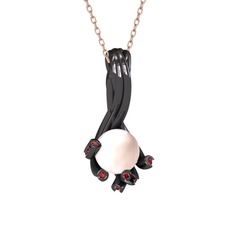 Valda İnci Kolye - Pembe inci ve garnet 925 ayar siyah rodyum kaplama gümüş kolye (40 cm rose altın rolo zincir) #11ulavu