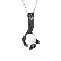 Valda İnci Kolye - Inci ve peridot 925 ayar siyah rodyum kaplama gümüş kolye (40 cm beyaz altın rolo zincir) #12ec9b4