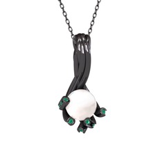 Valda İnci Kolye - Inci ve kök zümrüt 925 ayar siyah rodyum kaplama gümüş kolye (40 cm gümüş rolo zincir) #12sc8z3