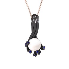 Valda İnci Kolye - Inci ve lab safir 925 ayar siyah rodyum kaplama gümüş kolye (40 cm rose altın rolo zincir) #12wljal