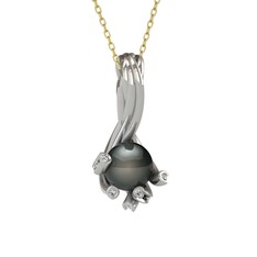 Valda İnci Kolye - Siyah inci ve swarovski 8 ayar beyaz altın kolye (40 cm gümüş rolo zincir) #154mawj