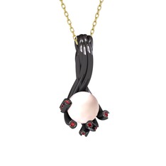Valda İnci Kolye - Pembe inci ve garnet 925 ayar siyah rodyum kaplama gümüş kolye (40 cm altın rolo zincir) #19i7g15