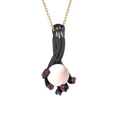 Valda İnci Kolye - Pembe inci ve rodolit garnet 925 ayar siyah rodyum kaplama gümüş kolye (40 cm altın rolo zincir) #1exhqan