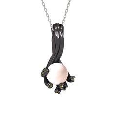 Valda İnci Kolye - Pembe inci ve peridot 925 ayar siyah rodyum kaplama gümüş kolye (40 cm beyaz altın rolo zincir) #1f7ks35