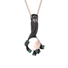 Valda İnci Kolye - Pembe inci ve kök zümrüt 925 ayar siyah rodyum kaplama gümüş kolye (40 cm rose altın rolo zincir) #1iraihy