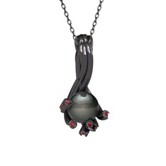 Valda İnci Kolye - Siyah inci ve garnet 925 ayar siyah rodyum kaplama gümüş kolye (40 cm gümüş rolo zincir) #1jd24vb