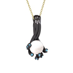 Valda İnci Kolye - Inci ve akuamarin 925 ayar siyah rodyum kaplama gümüş kolye (40 cm altın rolo zincir) #1mq4j5w