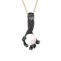 Valda İnci Kolye - Inci ve yeşil kuvars 925 ayar siyah rodyum kaplama gümüş kolye (40 cm altın rolo zincir) #1nefayi