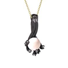 Valda İnci Kolye - Pembe inci ve swarovski 925 ayar siyah rodyum kaplama gümüş kolye (40 cm altın rolo zincir) #1nqpbzw