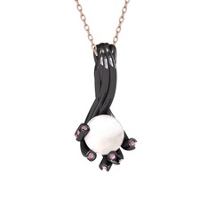 Inci ve pembe kuvars 925 ayar siyah rodyum kaplama gümüş kolye (40 cm gümüş rolo zincir)