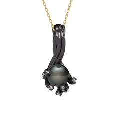 Valda İnci Kolye - Siyah inci ve swarovski 925 ayar siyah rodyum kaplama gümüş kolye (40 cm altın rolo zincir) #1vmunac