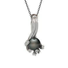 Siyah inci ve swarovski 8 ayar beyaz altın kolye (40 cm gümüş rolo zincir)