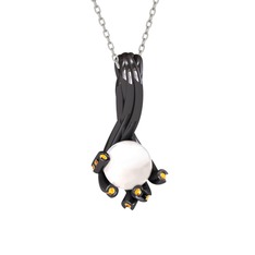 Valda İnci Kolye - Inci ve sitrin 925 ayar siyah rodyum kaplama gümüş kolye (40 cm gümüş rolo zincir) #1xzcghv