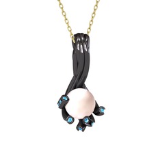 Valda İnci Kolye - Pembe inci ve akuamarin 925 ayar siyah rodyum kaplama gümüş kolye (40 cm gümüş rolo zincir) #5umro1