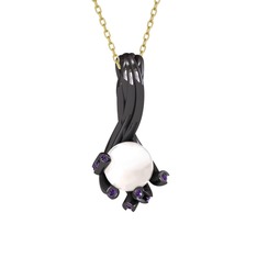 Valda İnci Kolye - Inci ve ametist 925 ayar siyah rodyum kaplama gümüş kolye (40 cm altın rolo zincir) #8bt8pp