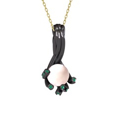 Valda İnci Kolye - Pembe inci ve kök zümrüt 925 ayar siyah rodyum kaplama gümüş kolye (40 cm altın rolo zincir) #9ofu3l