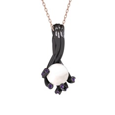 Valda İnci Kolye - Inci ve ametist 925 ayar siyah rodyum kaplama gümüş kolye (40 cm rose altın rolo zincir) #dcf6lc